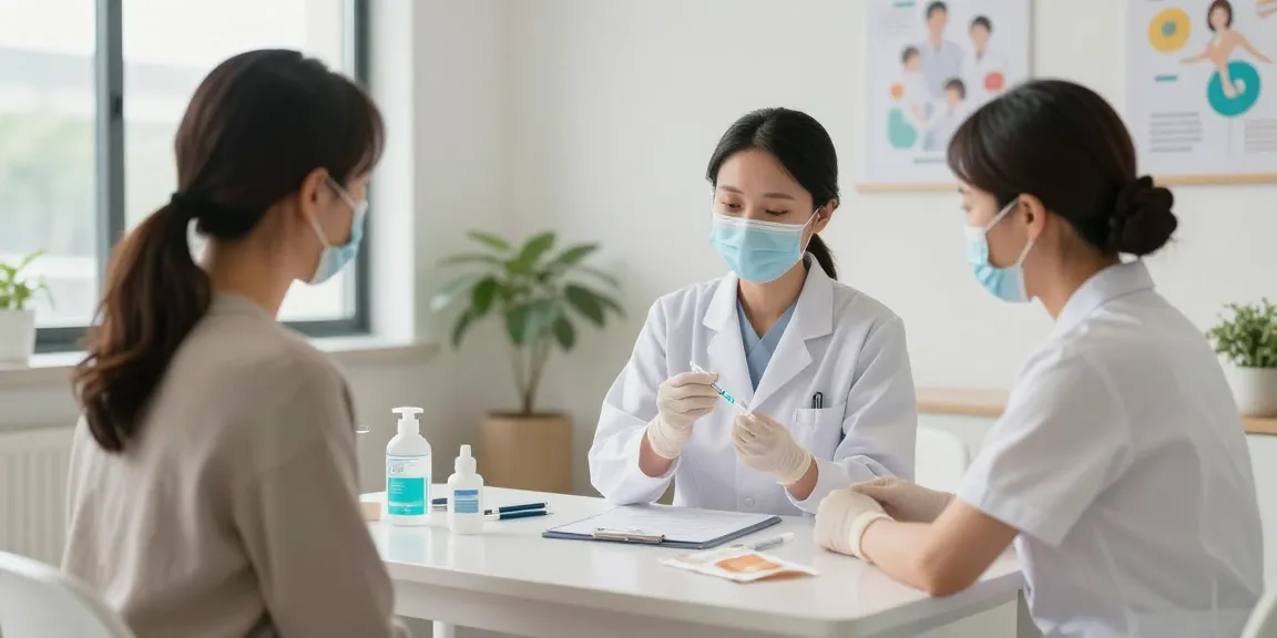 Healthcare professional using a medicine syringe to administer a vaccine in a bright clinic.